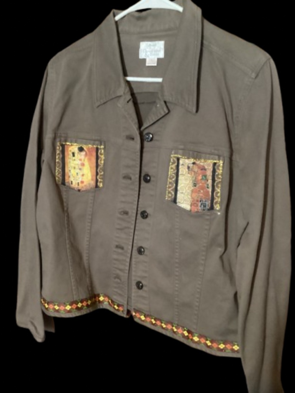 Khaki Jean Jacket with Gustav Klimt appliqués - upcycled
